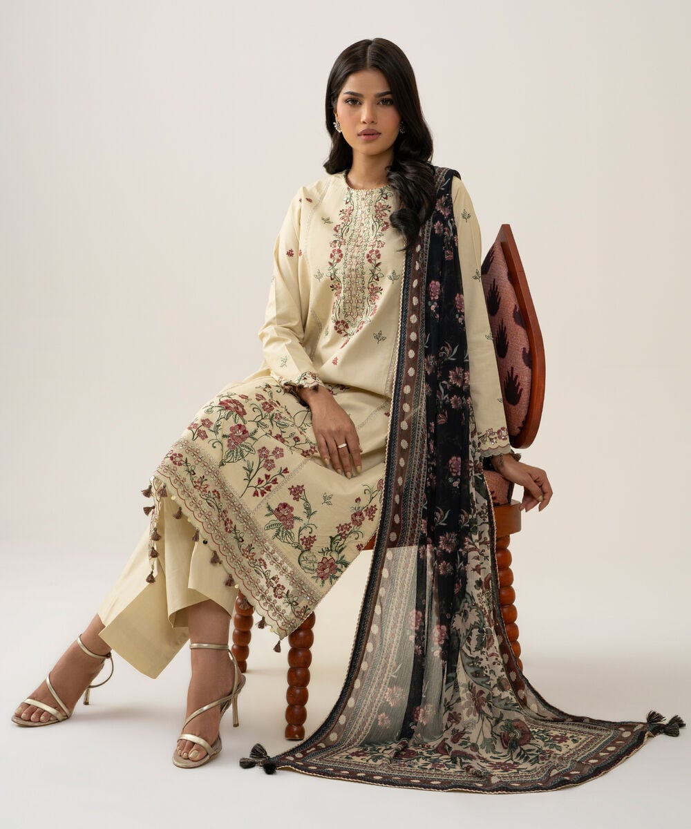 Women's Unstitched Bemberg Tissue Embroidered Beige 3 Piece Suit