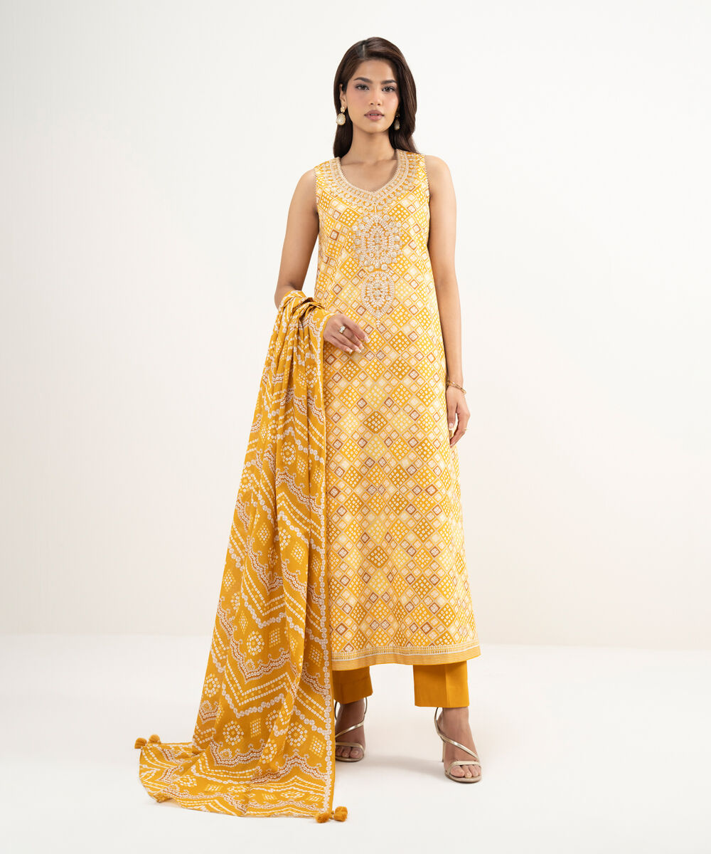 Women's Unstitched Lawn Orange Embroidered 3 Piece Suit