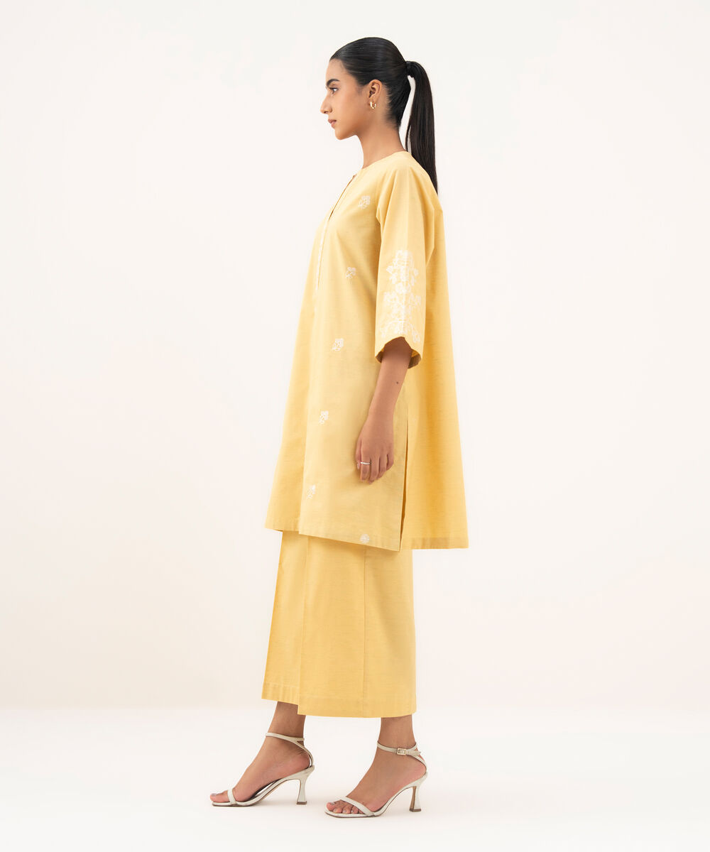 Women's RTW Textured Cotton Yellow Embroidered A-Line Shirt