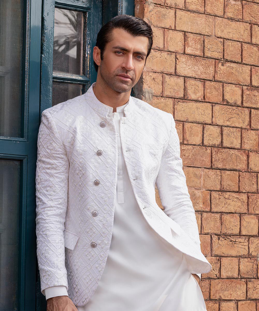 Schiffli Embroidered Prince Coat Men's Stitched White Cotton Prince Coat