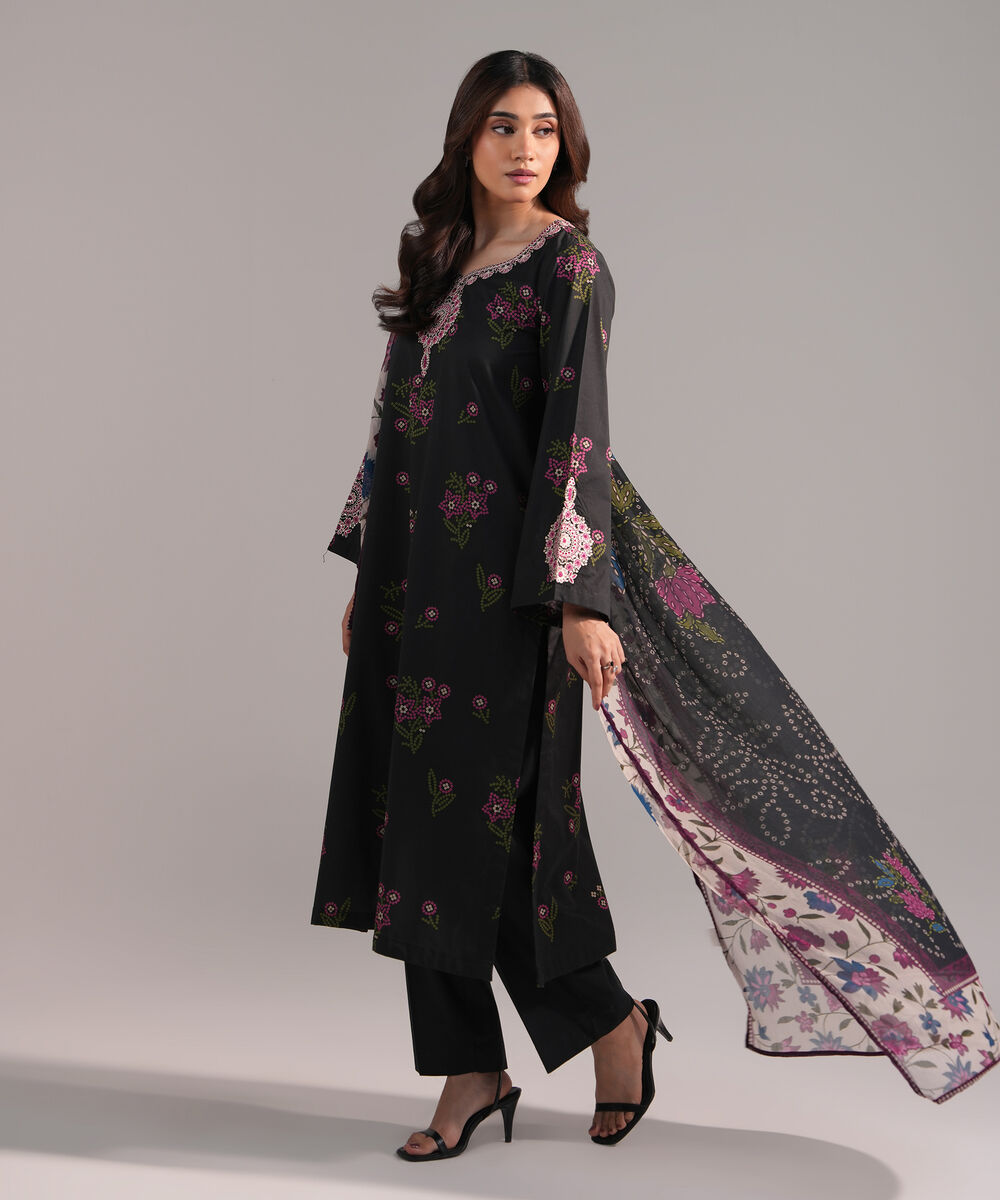 Women's RTW Cambric Embroidered Black 3 Piece Suit