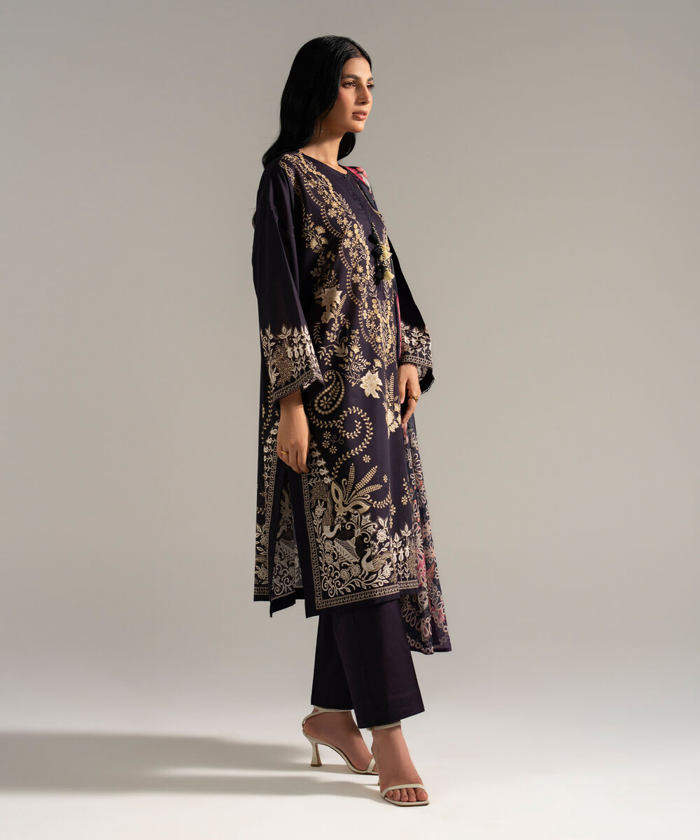 Women's RTW Slub Lawn Printed Black 3 Piece Suit