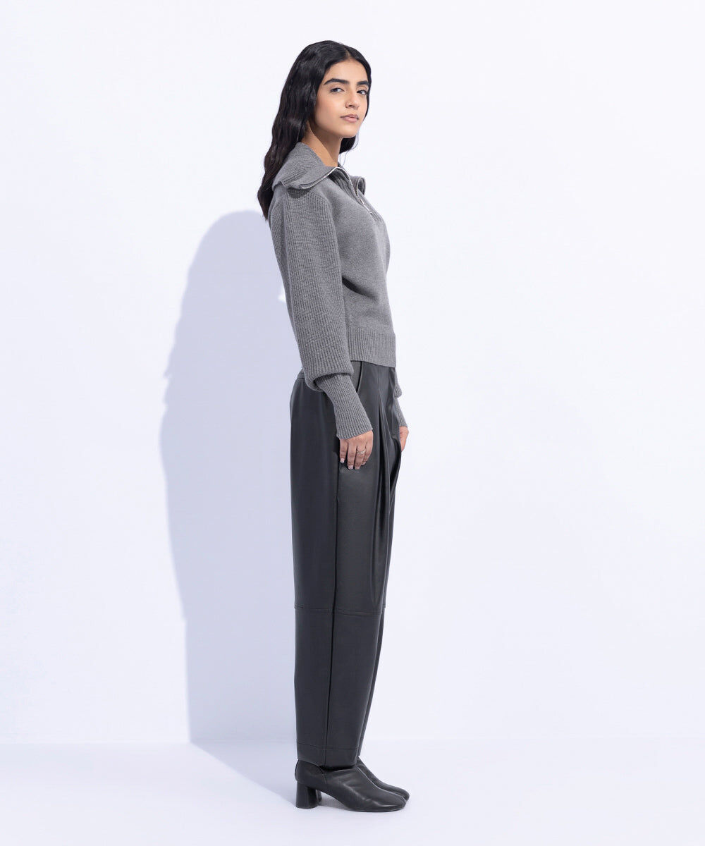 Woman - Black High Waisted Faux Leather Trousers