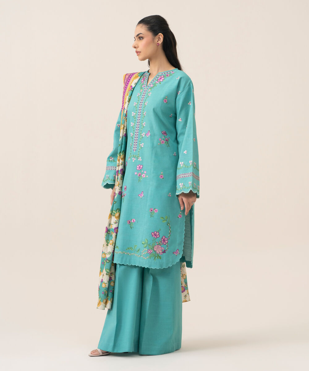 Women's Unstitched Basic Khaddar Embroidered Turquoise 3 Piece Suit