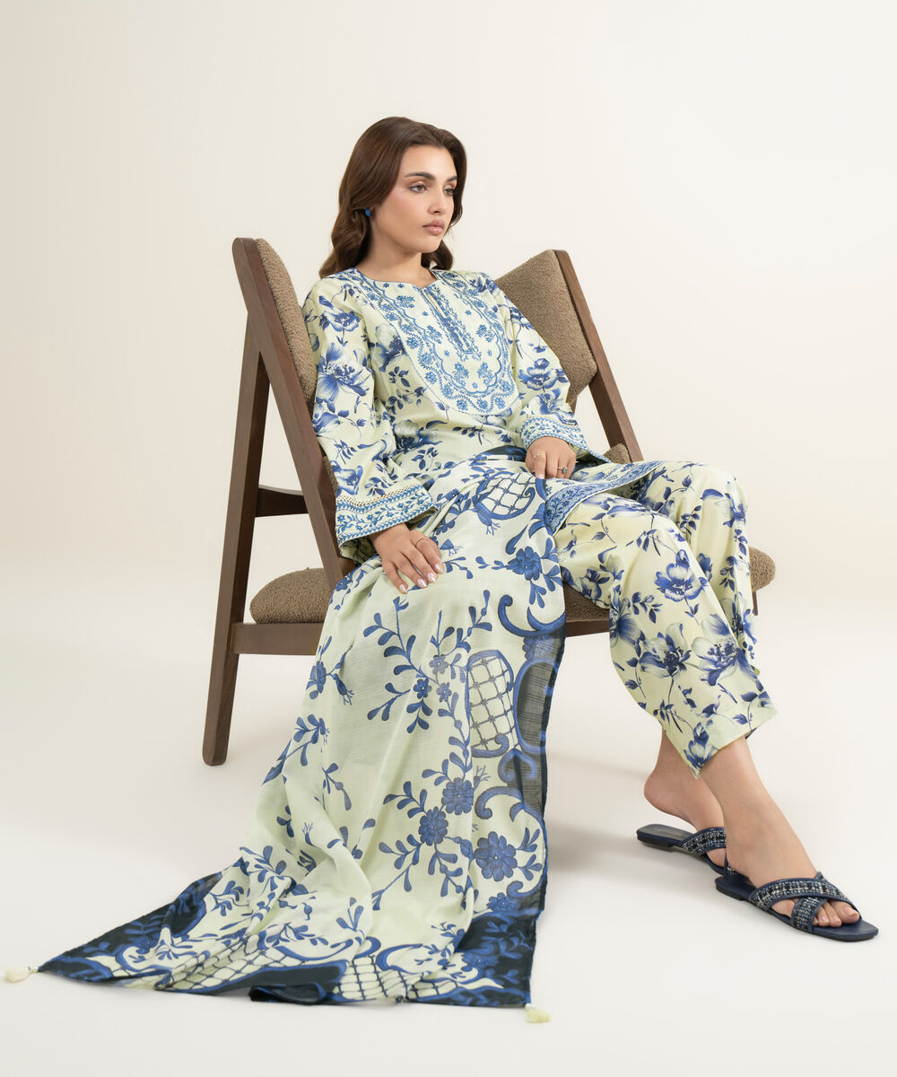 Women's RTW Slub Lawn Embroidered Beige 3 Piece Suit