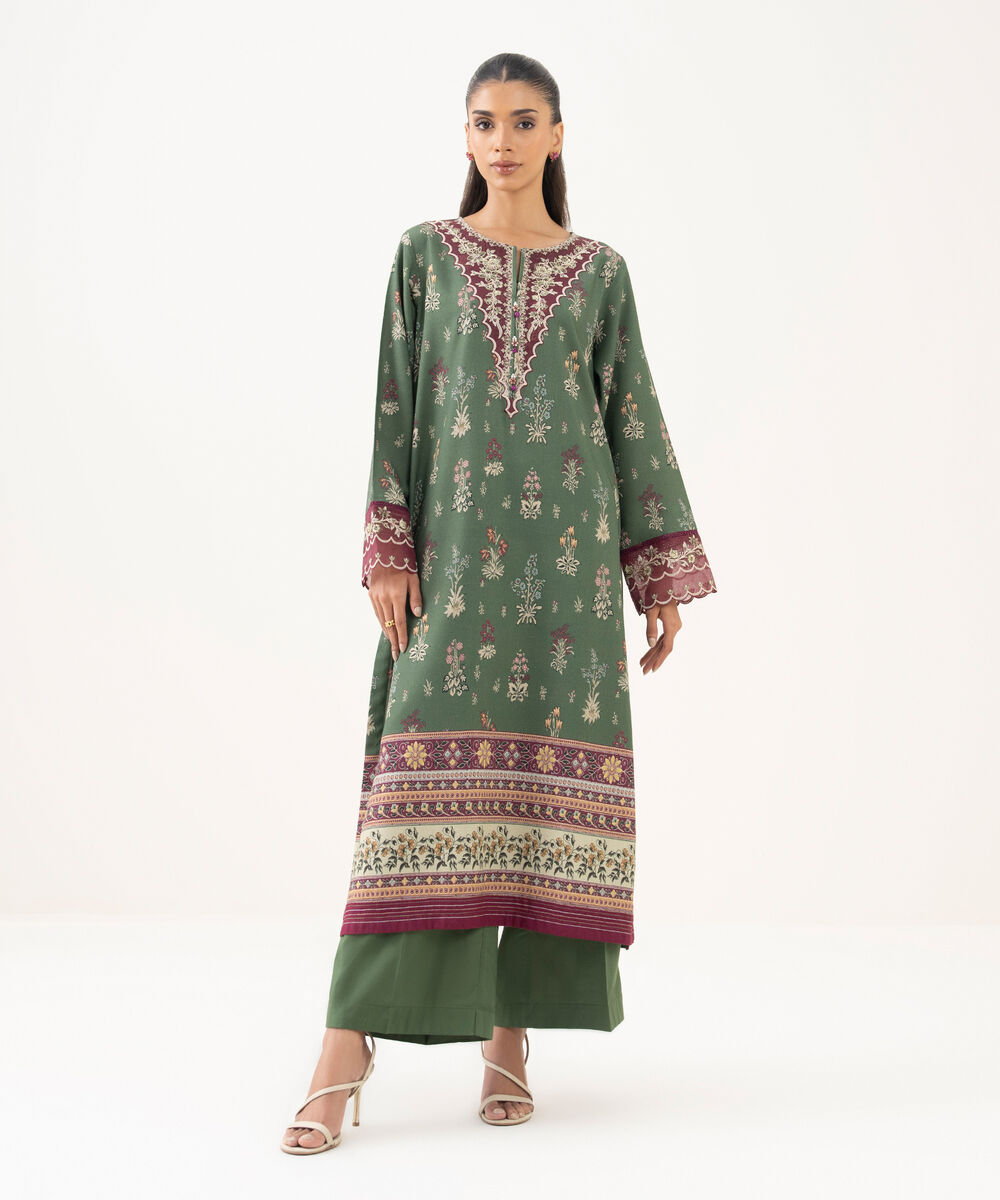 Women's RTW Textured Viscose Embroidered Green A-Line Shirt
