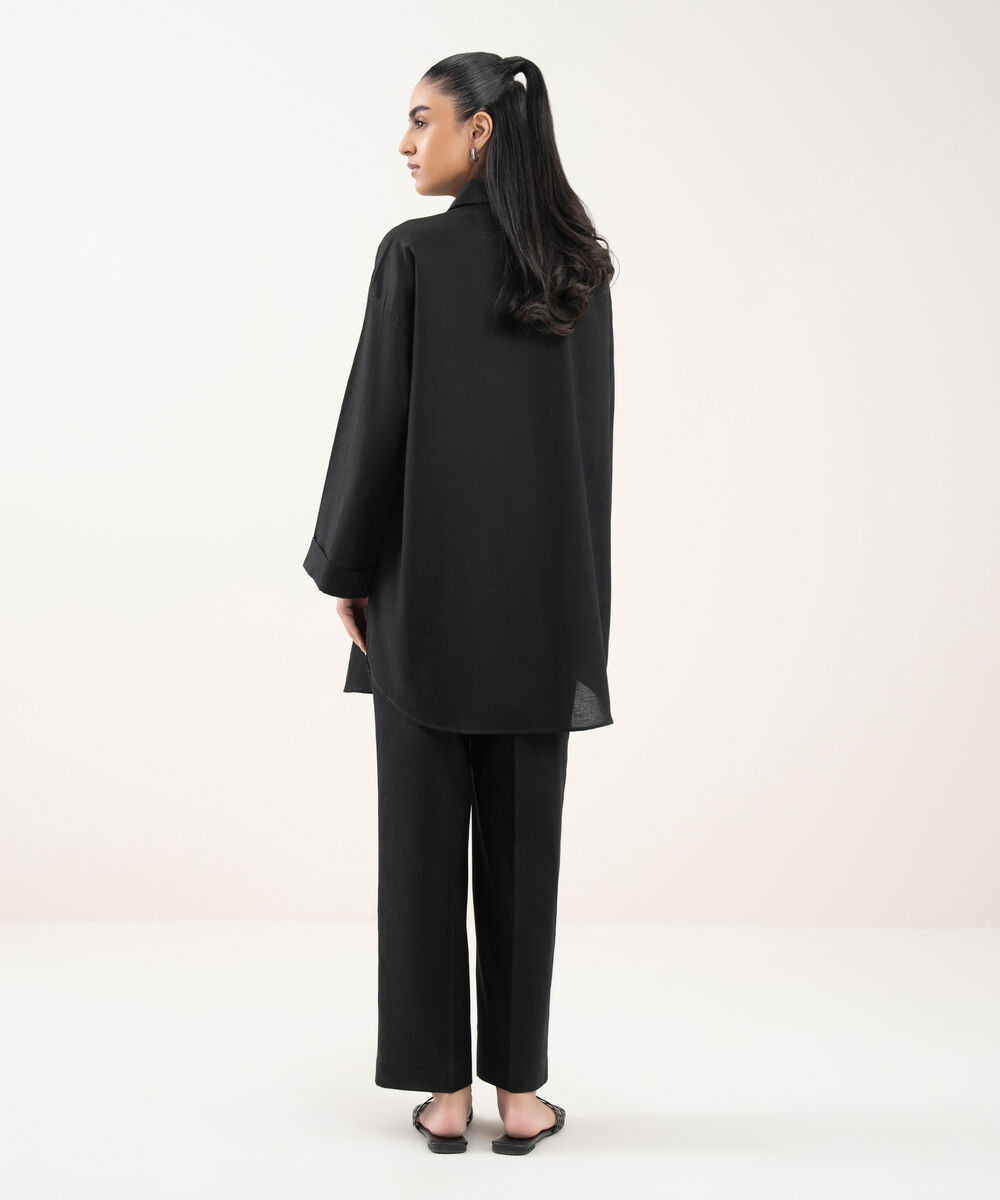 Women's RTW Cotton Linen Black Solid Button Down Shirt