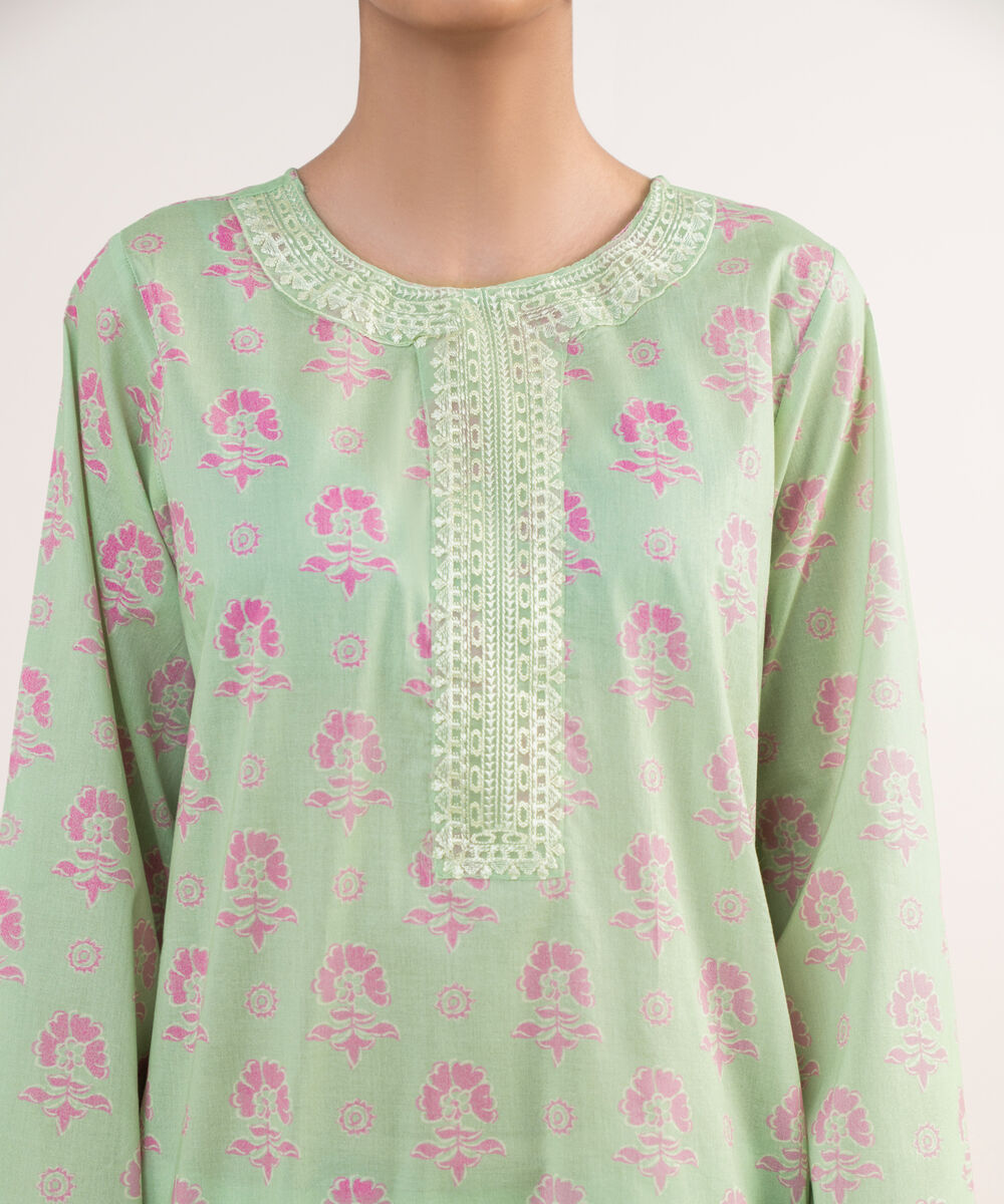 Women's RTW Lawn Green Embroidered A-Line Shirt