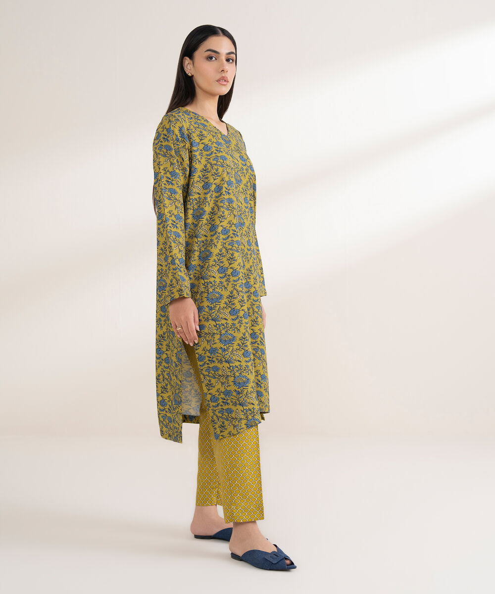 Women's RTW Arabic Khaddar Printed Straight Olive Yellow Shirt