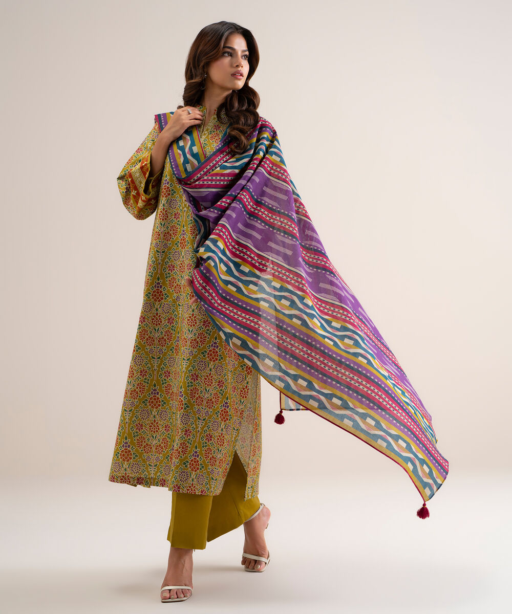 Women's Unstitched Printed Lawn Mustard 3 Piece Suit