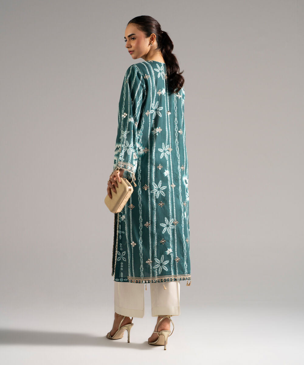 Women's RTW Dobby Embroidered Green Straight Shirt