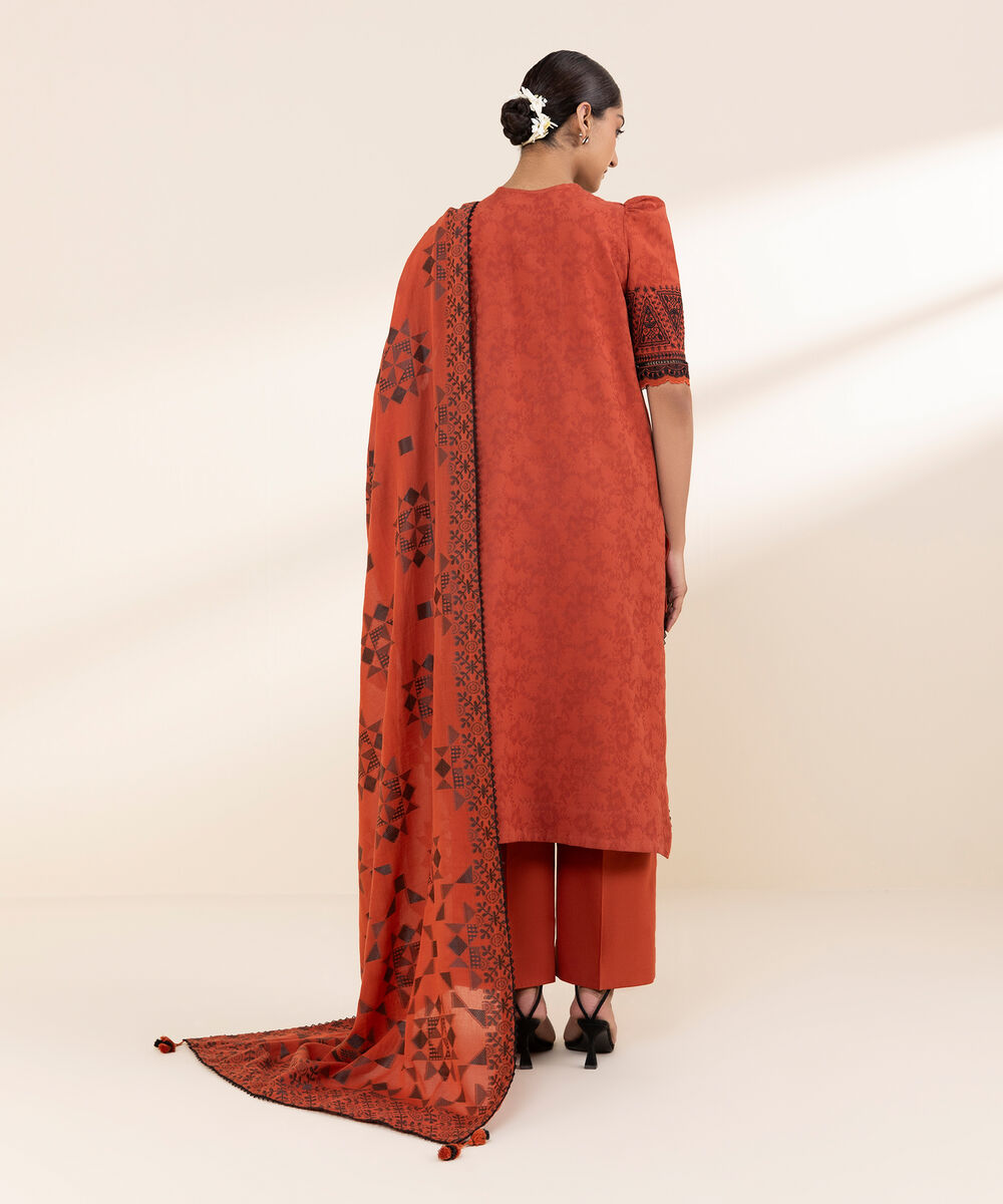 Women's Unstitched Cotton Jacquard Embroidered Red 3 Piece Suit