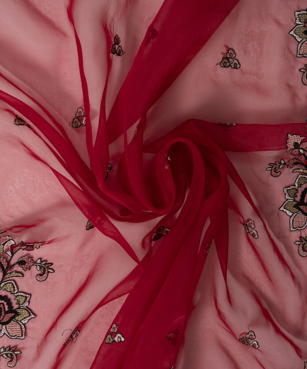 Blended Organza Embroidered Red Dupatta
