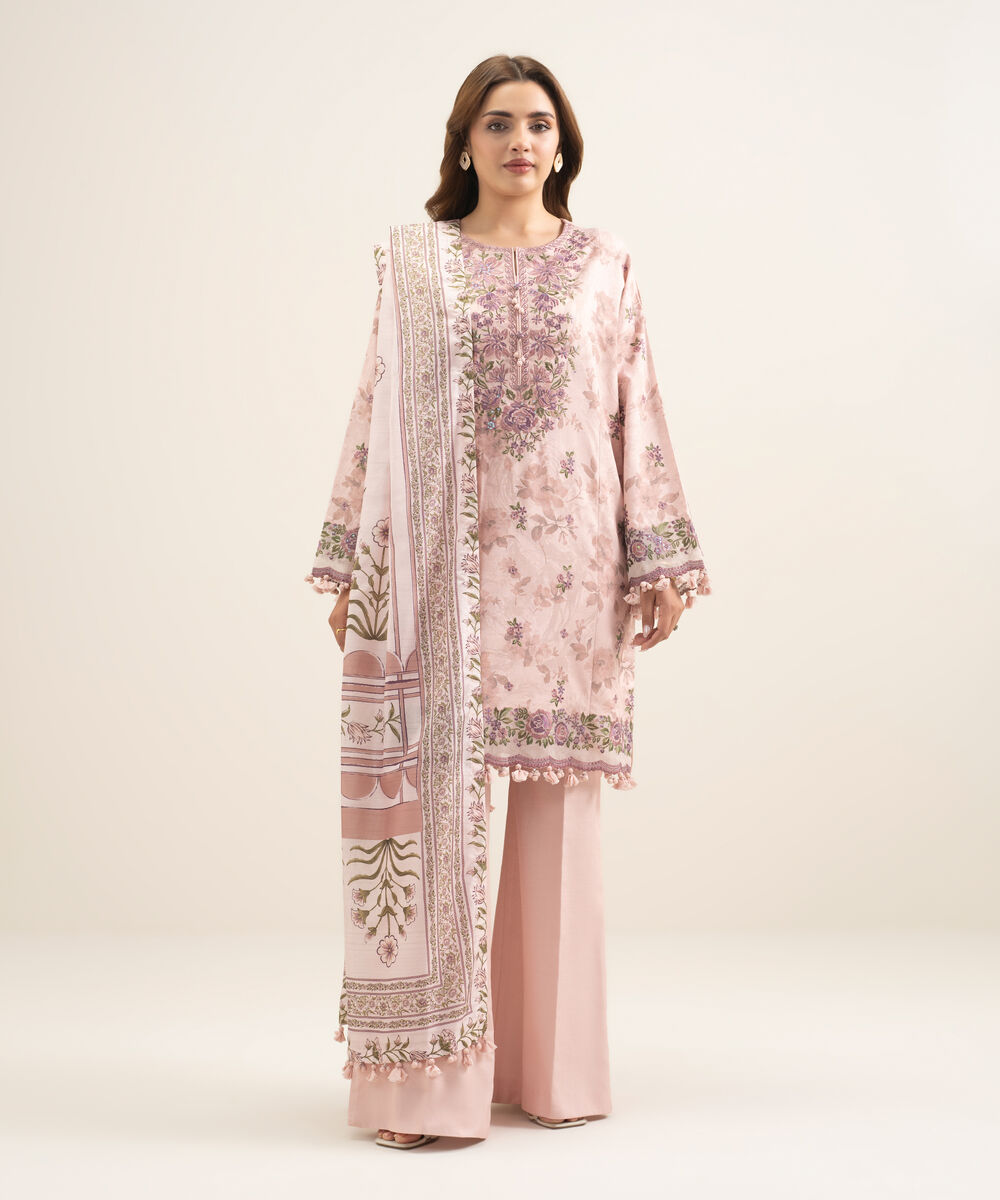 Women's Unstitched Textured Cotton Viscose Embroidered Pink 3 Piece Suit