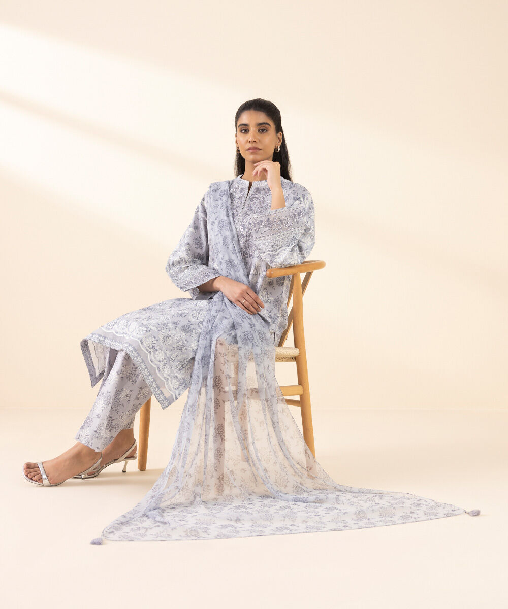 Unstitched Women's Grey Lawn Embroidered 3 Piece Suit