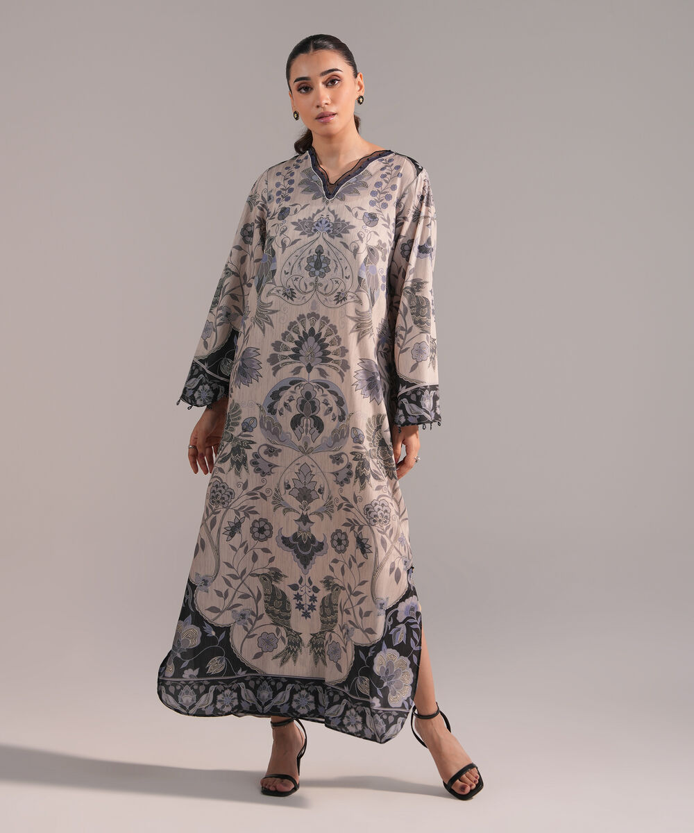 Women's RTW Blended Grip Silk Printed Grey A-Line Shirt