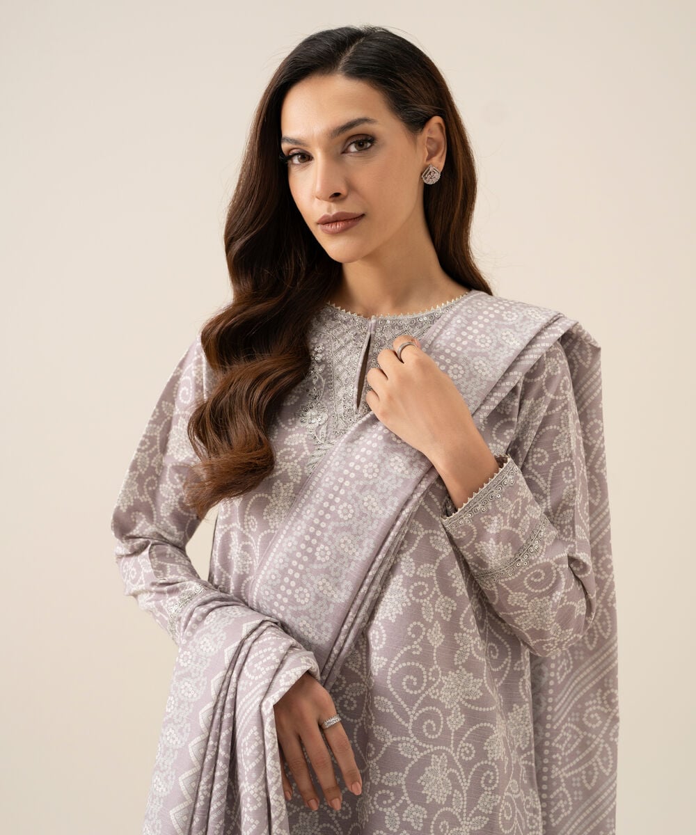 Women's Unstitched Light Khaddar Printed Light Grey 3 Piece Suit