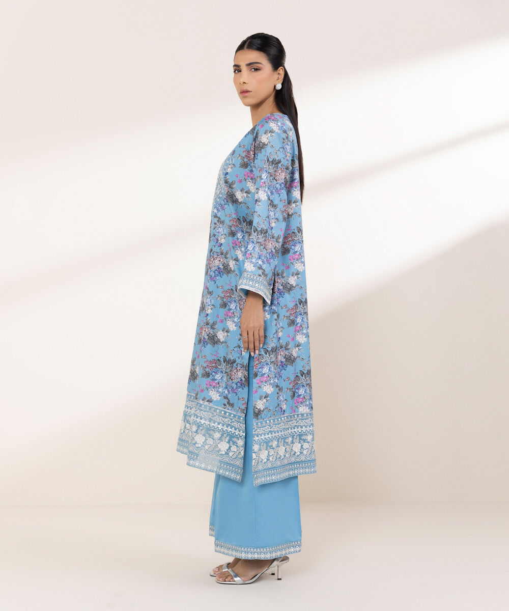 Women's RTW Cotton Satin Blue Embroidered A-Line Shirt