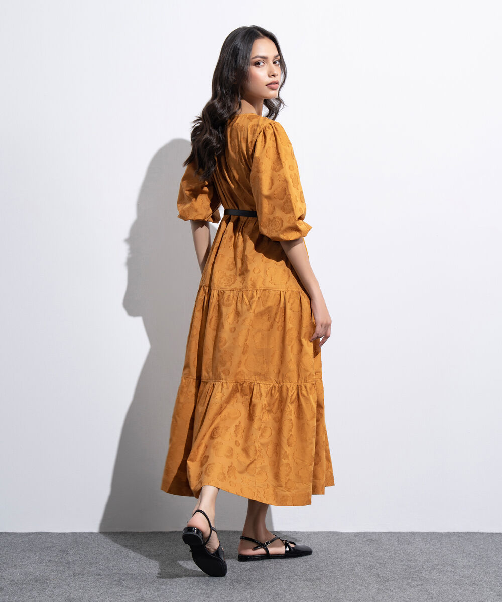 Women's Western Mustard Tier Dress With Puffed Sleeve