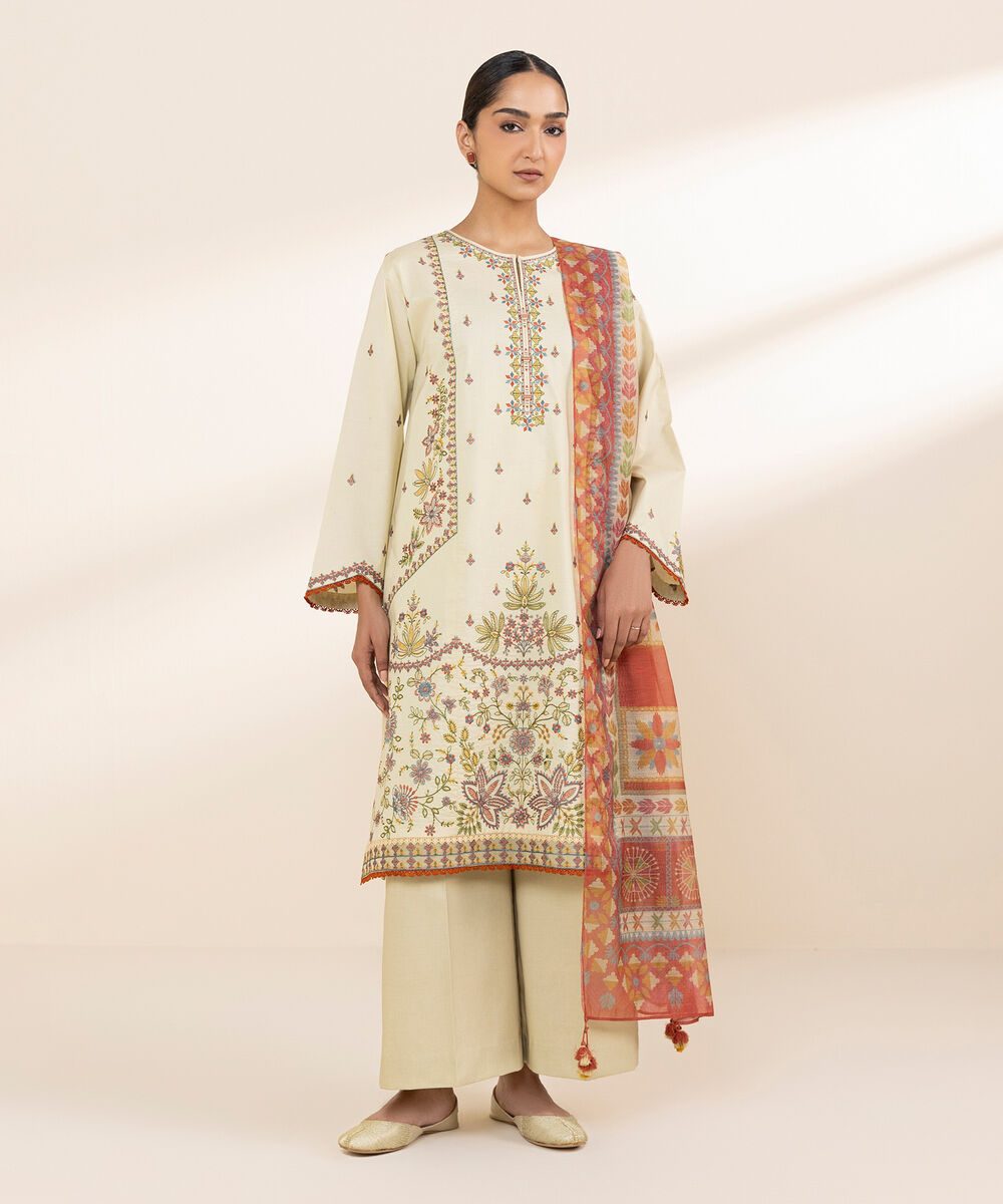 Women's Unstitched Lawn Embroidered Off White 3 Piece Suit
