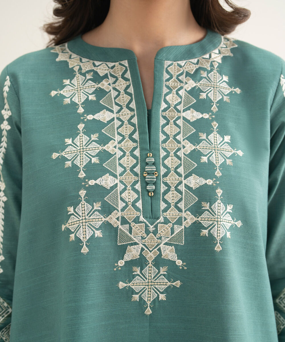 Women's Unstitched Linen Sea green 3 Piece Suit