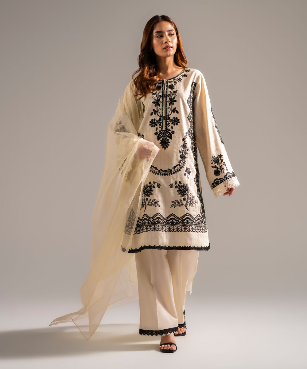 Women's RTW Dobby Embroidered Off White 3 Piece Suit