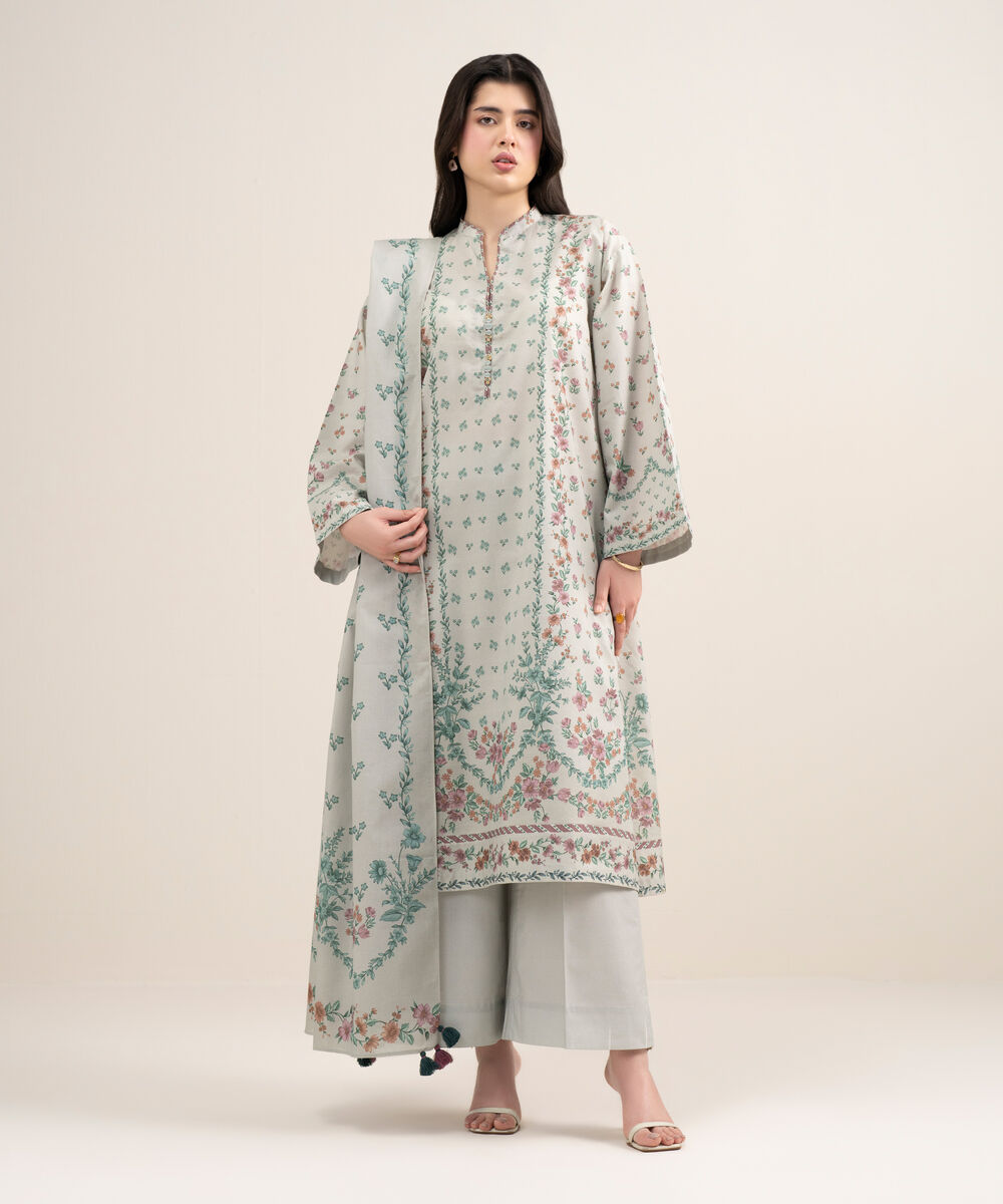 Women's Unstitched Zari Lawn Printed Grey 3 Piece Suit