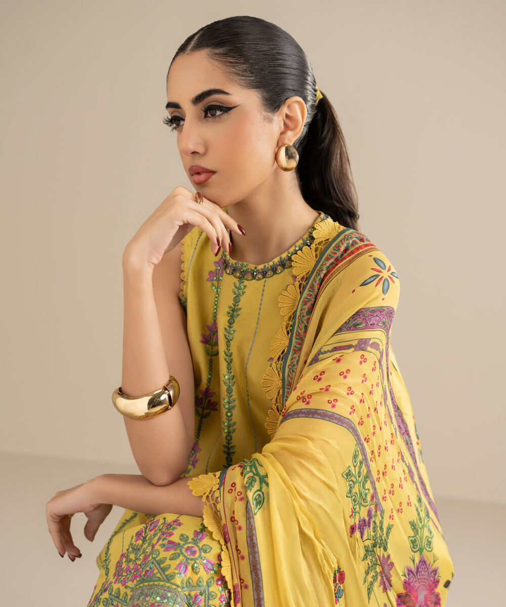 Unstitched Women's Embroidered Cotton Net Yellow Three Piece Suit