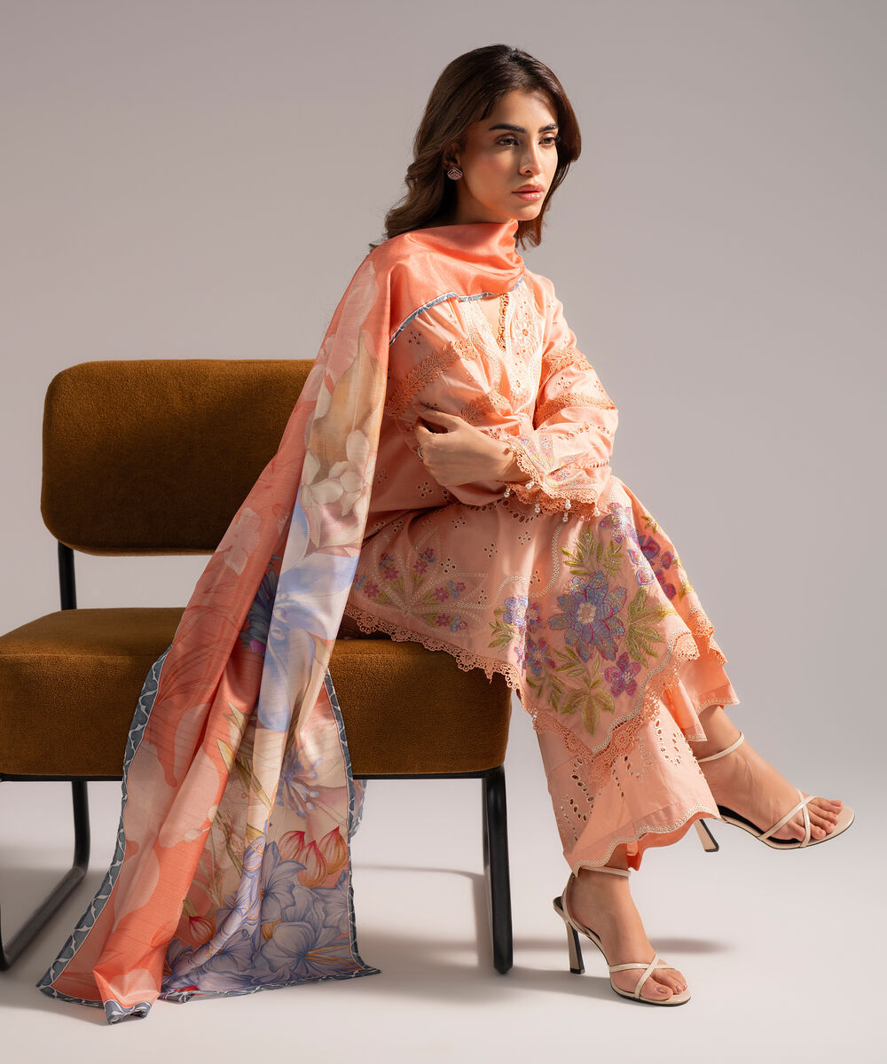 Women's RTW Slub Lawn Embroidered Pink 3 Piece Suit