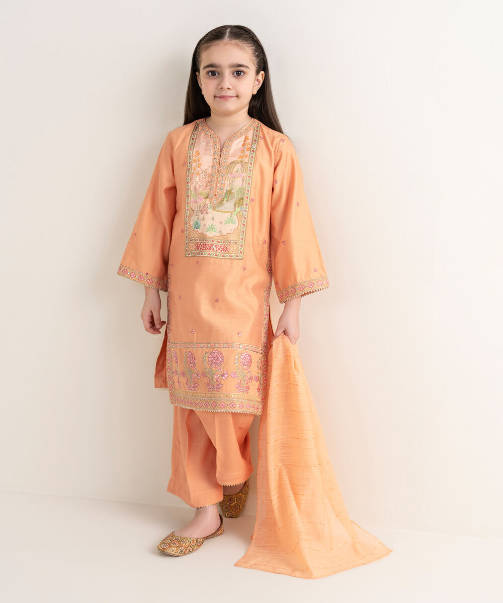 Girl's Silk Cotton Net Embroidered Orange Three Piece Suit