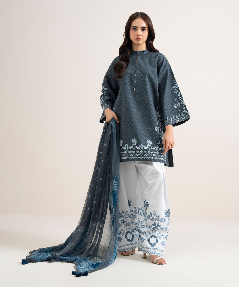 Women's Unstitched Cotton Printed Dark Blue  3 Piece Suit