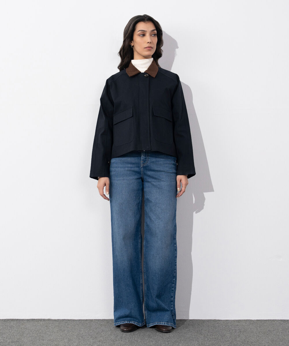 Women's Western Wear Navy Corduroy Collar Twill Jacket