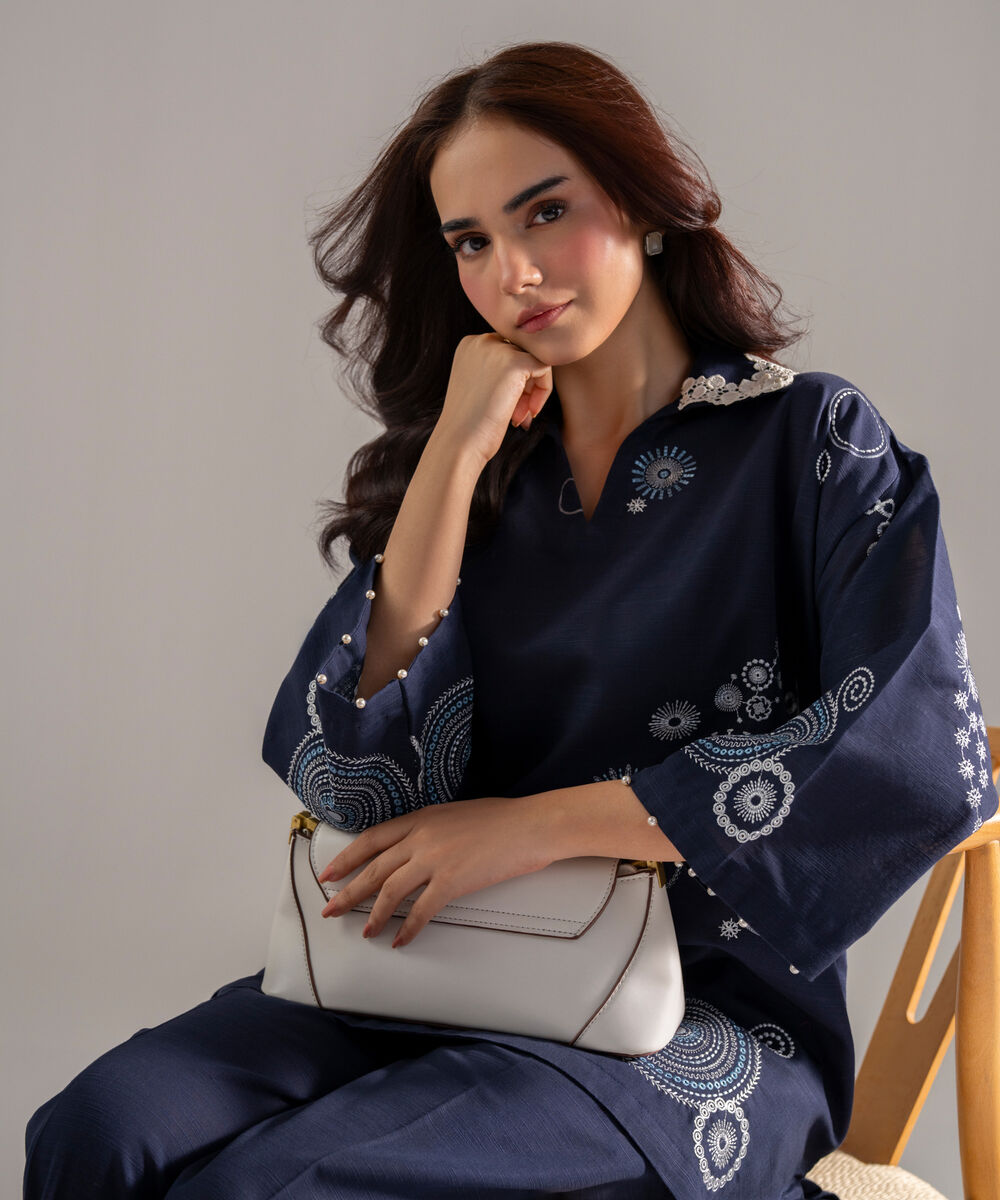 Women's RTW Khaddar Solid Embroidered Blue Drop Shoulder Shirt