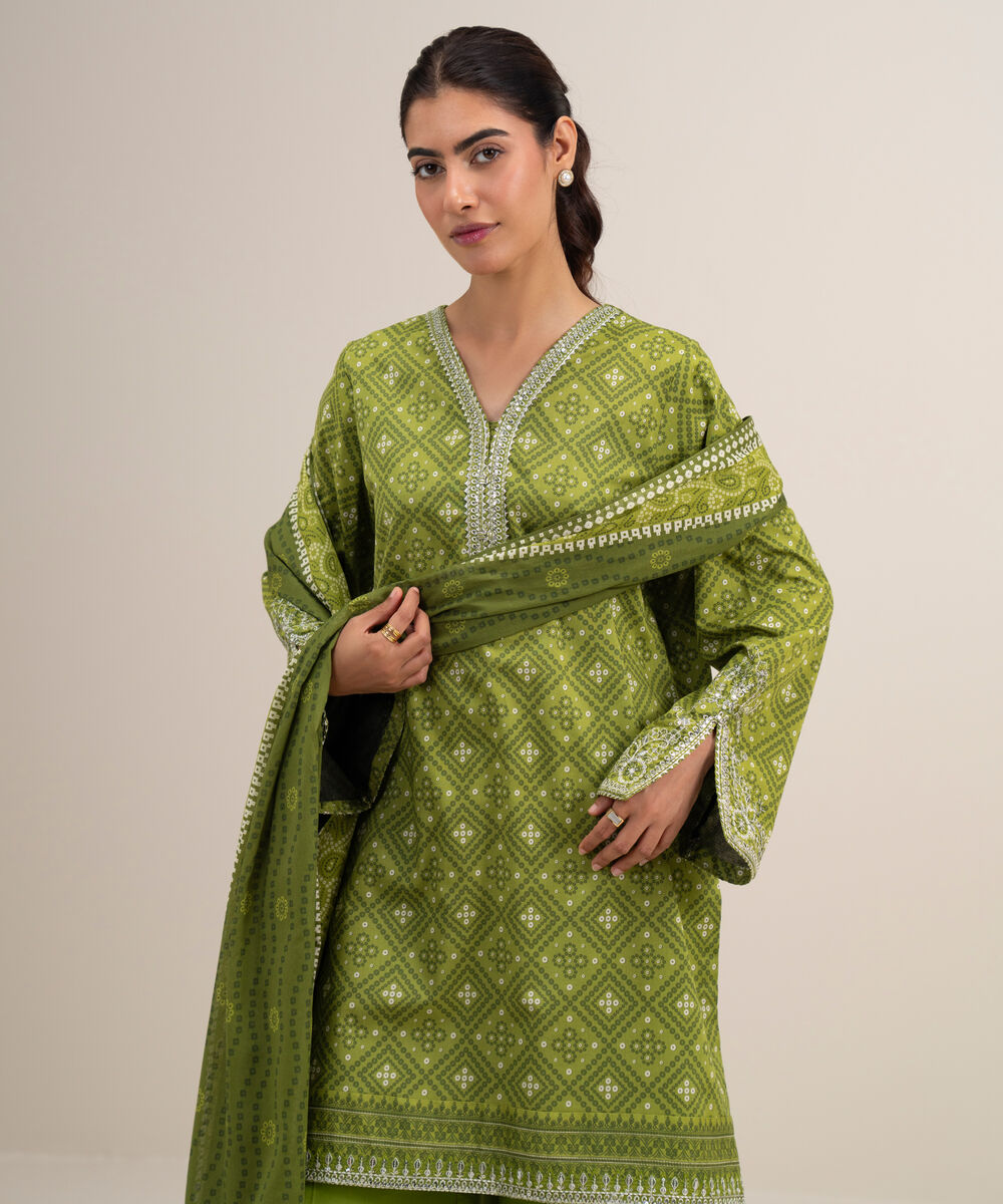Women's Unstitched Lawn Embroidered Parrot Green 3 Piece Suit
