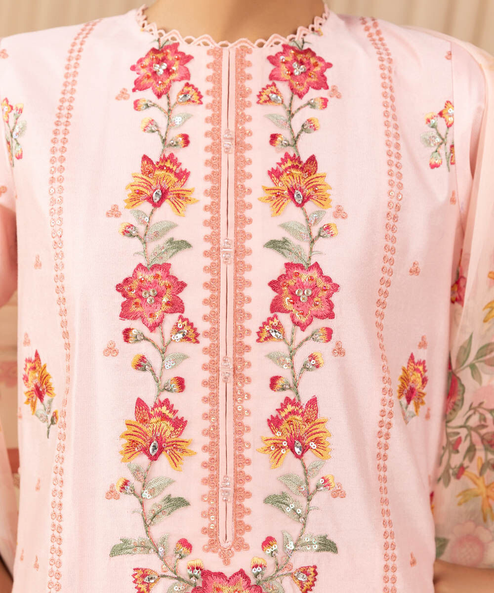 Women's Unstitched Embroidered Cotton Net Light Pink 3 Piece Suit