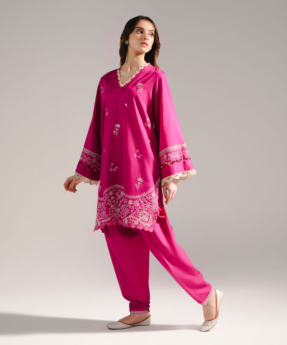 Women's RTW Cotton Satin Embroidered Straight Pink Shirt