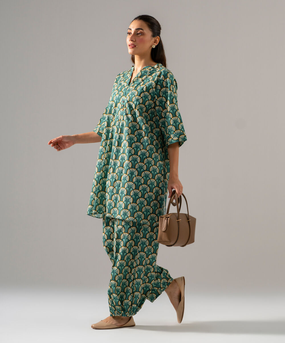 Women's RTW Seersucker Printed Teal 2 Piece Suit
