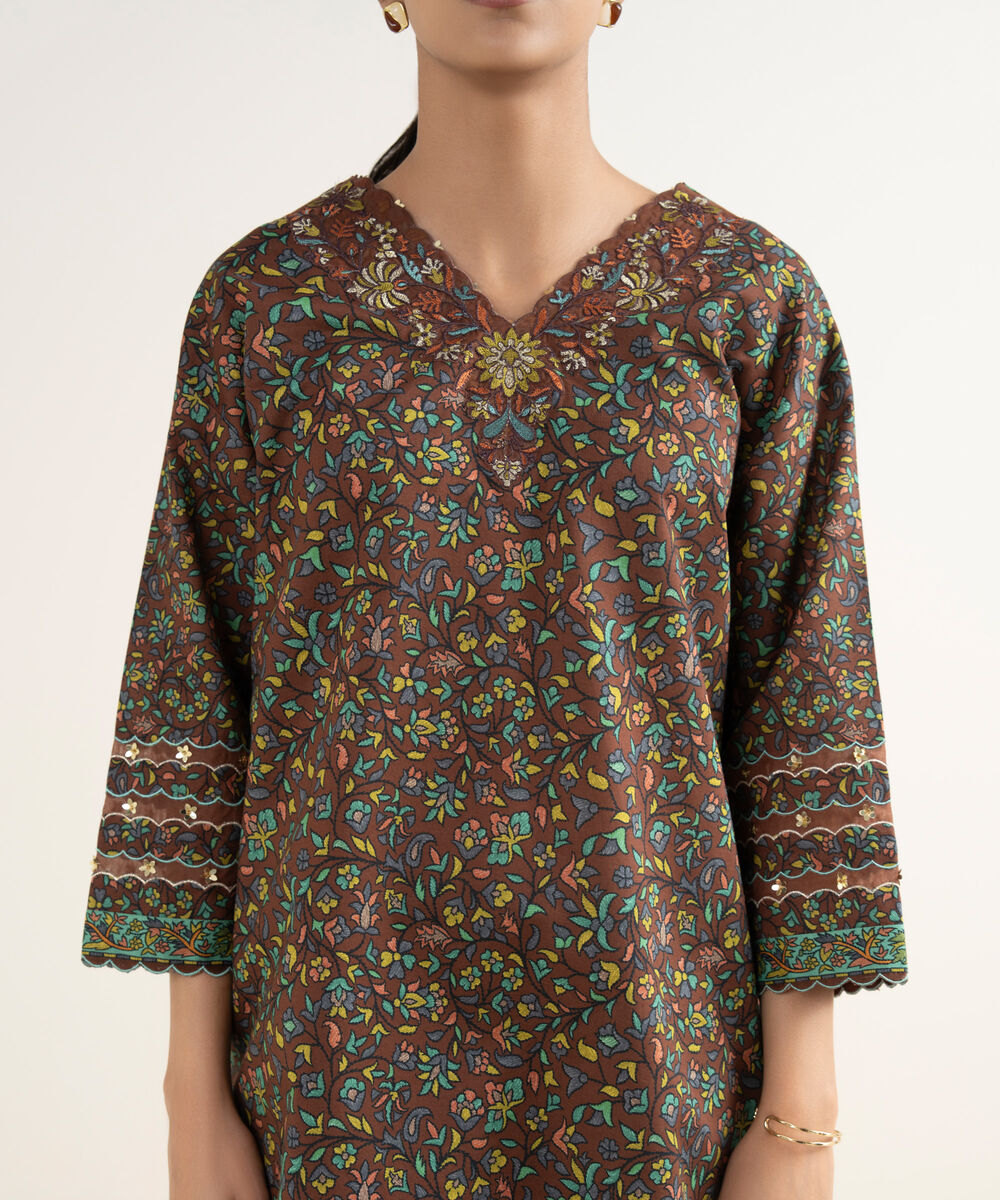 Women's Unstitched Lawn Printed Brown 3 Piece Suit