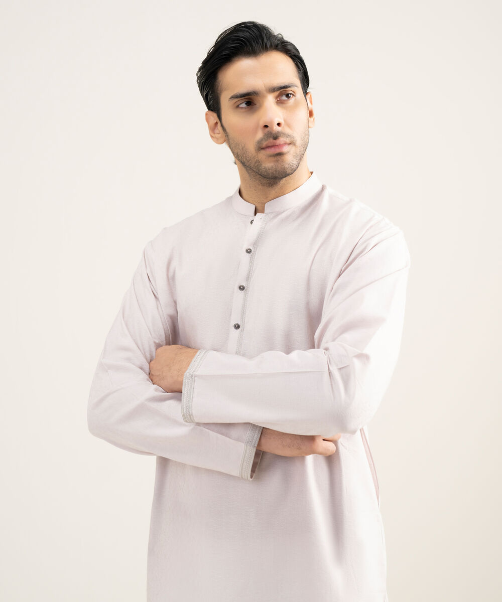 Men's Stitched Cotton Jacquard Light Mauve Kurta