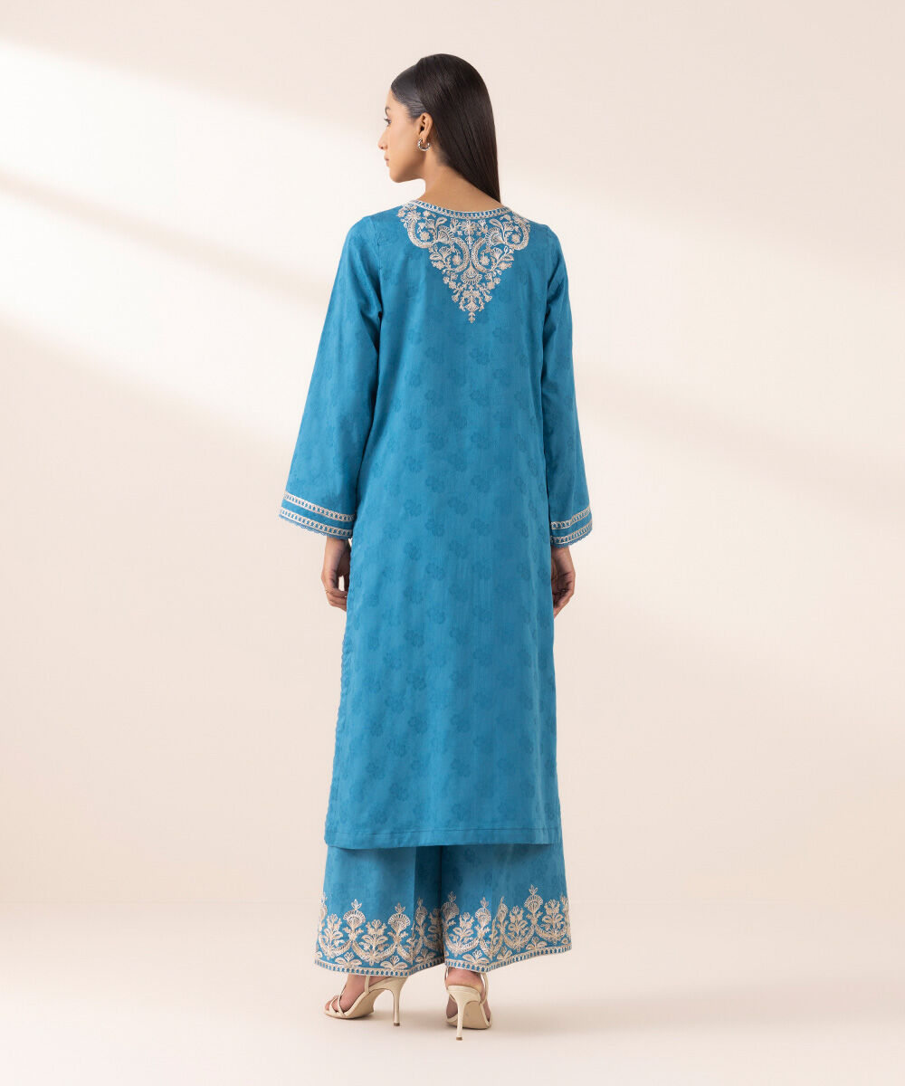 Women's Pret Yarn Dyed Blue Embroidered A-Line Shirt