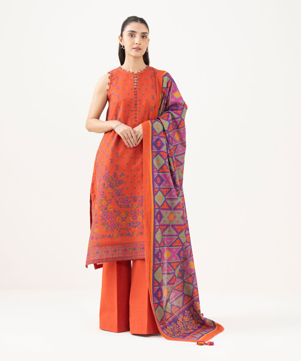 Women's Unstitched Khaddar Printed Orange 3 Piece Suit
