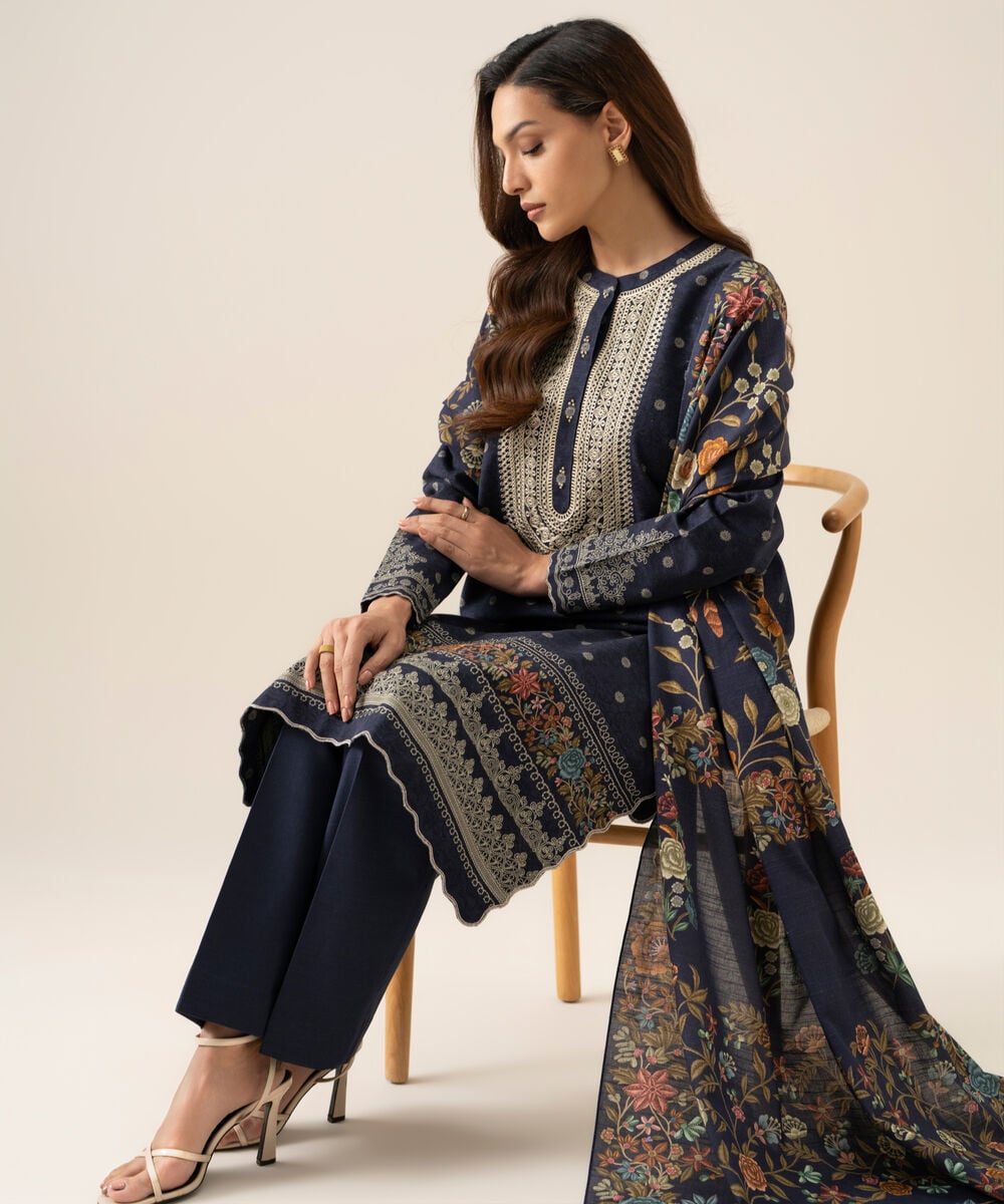 Women's Unstitched Light Khaddar Embroidered Blue 3 Piece Suit