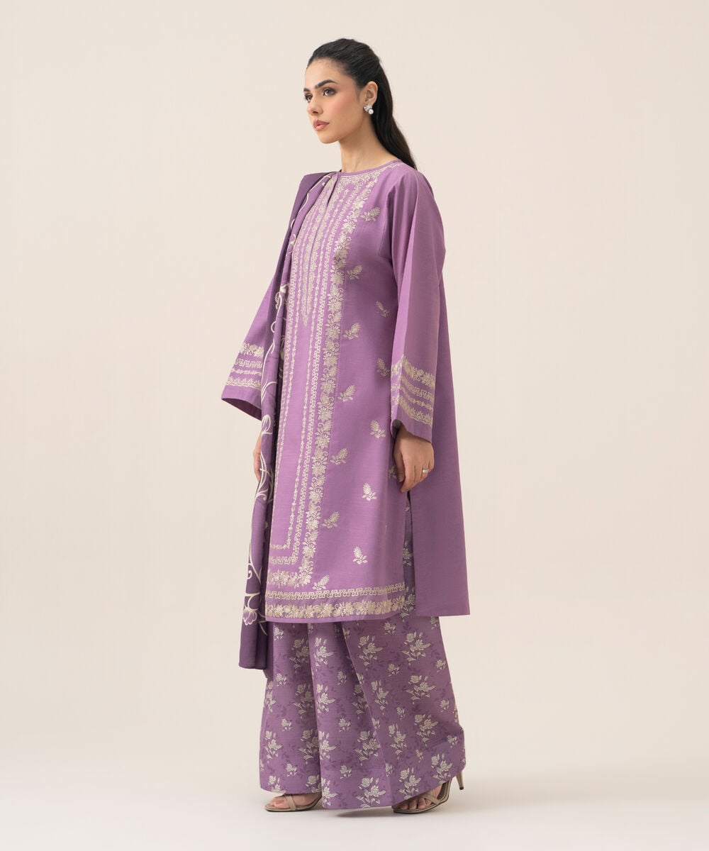 Women's Unstitched Premium Khaddar Embroidered Mauve 3 Piece Suit