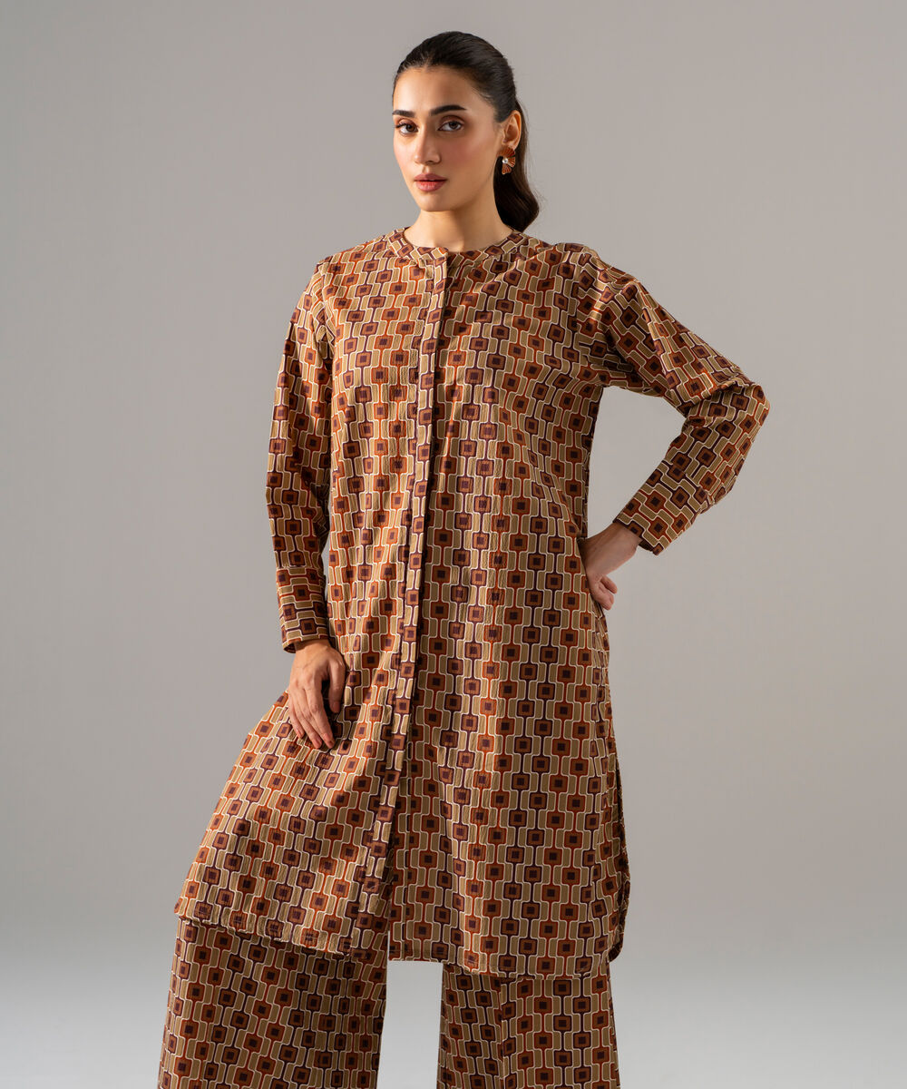 Women's RTW Seersucker Printed Brown 2 Piece Suit