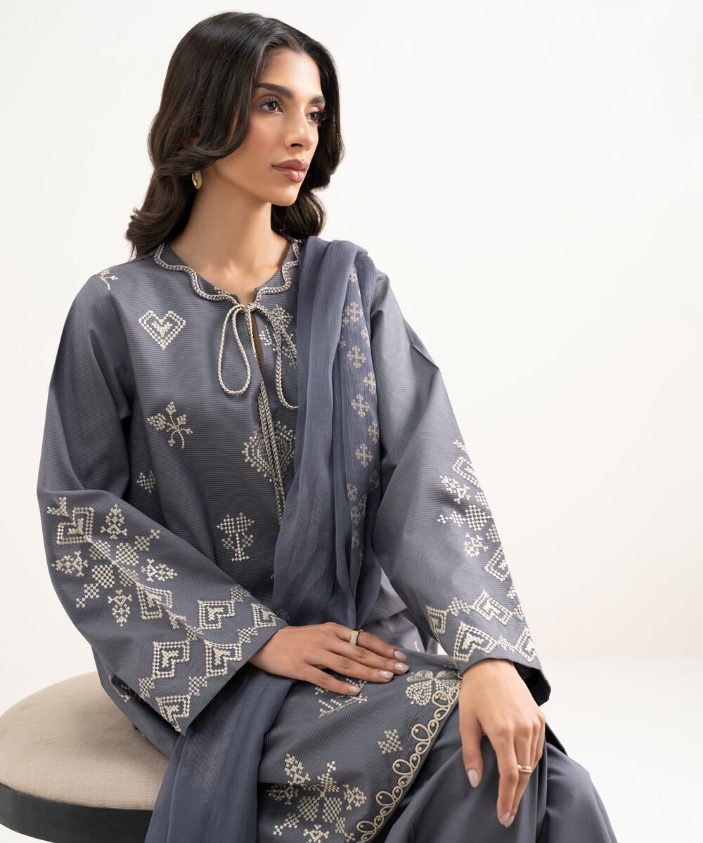 Women's Unstitched Zari Lawn Embroidered Grey 3 Piece Suit