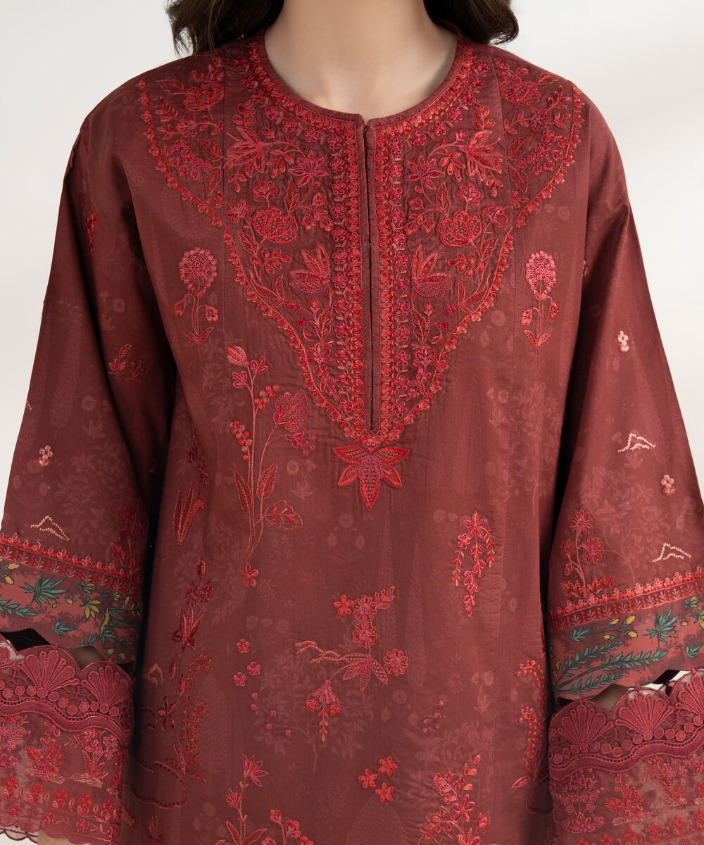 Women's Unstitched Cotton Embroidered Red 3 Piece Suit