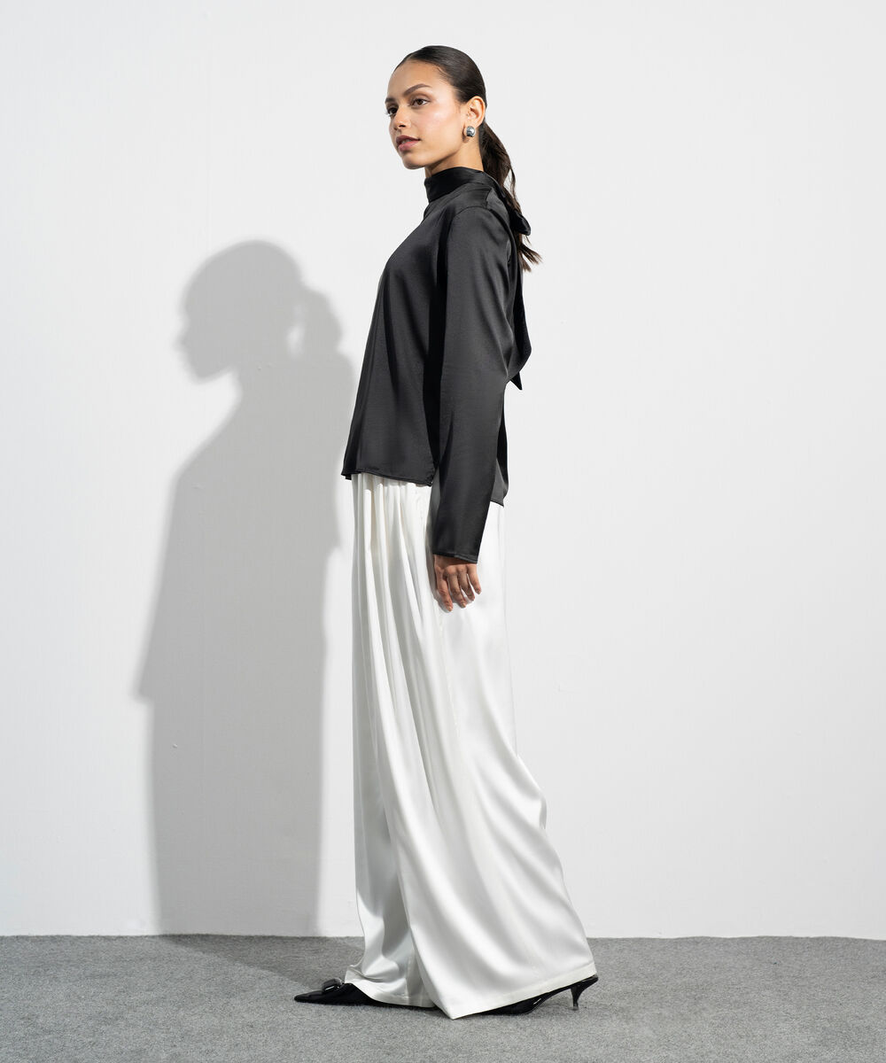 Women's Western Black Satin Blouse With Back Tie Detail