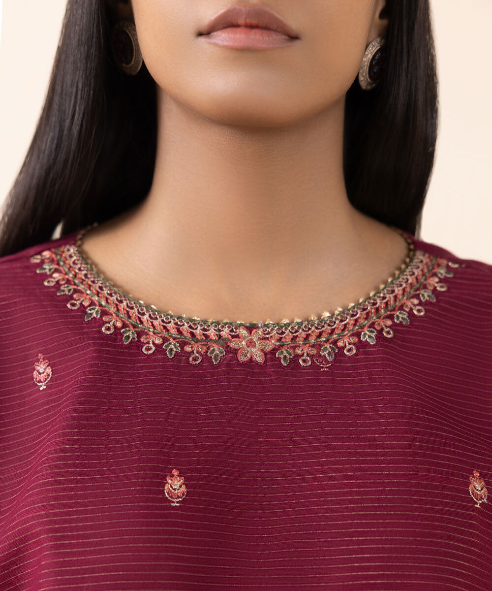 Women's Unstitched Zari Khaddar Red Embroidered 2 Piece Suit