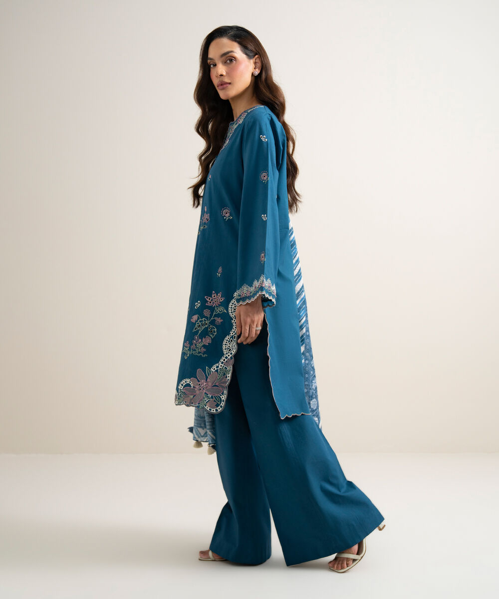 Women's Unstitched Lawn Embroidered Blue  3 Piece Suit