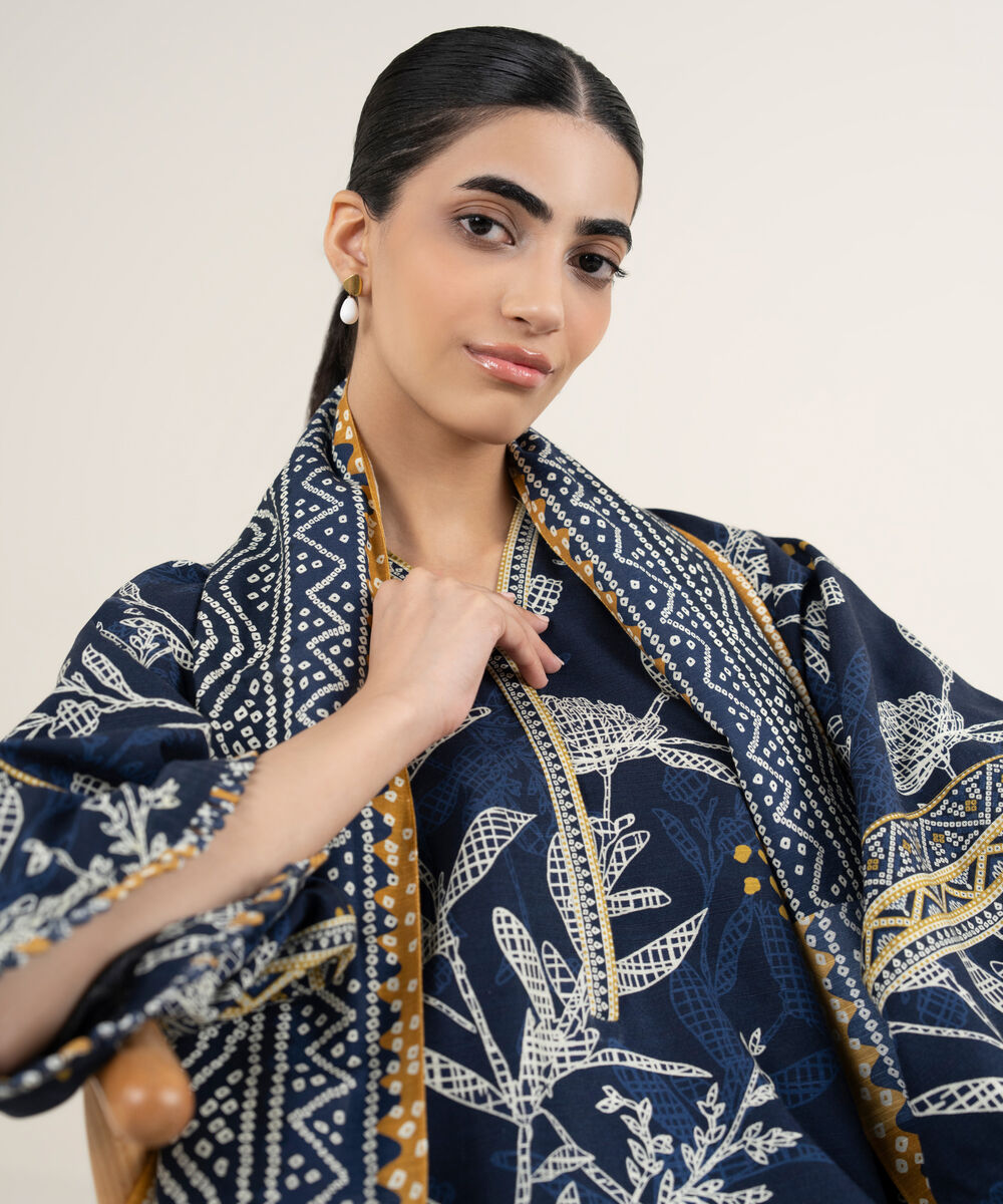 Women's Unstitched Printed Khaddar Mid Night Blue 3 Piece Suit